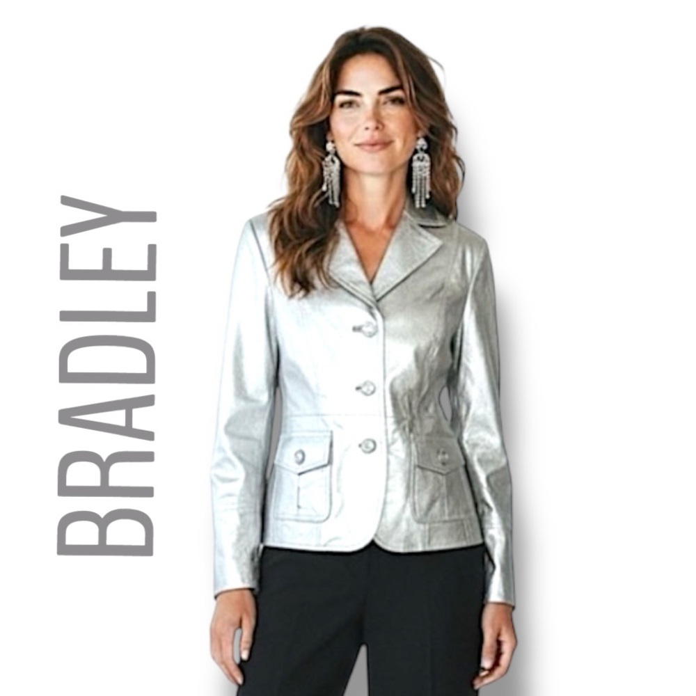 BRADLEY Elegant Silver Metallic Leather Oversize Rhinestone Buttons Jacket M